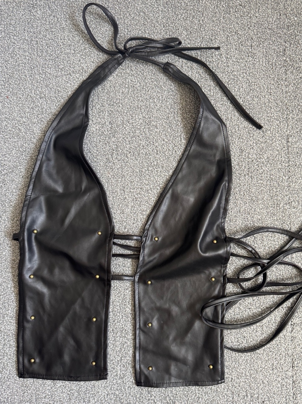 Black Faux Leather Halter Tie-Up Vest Top